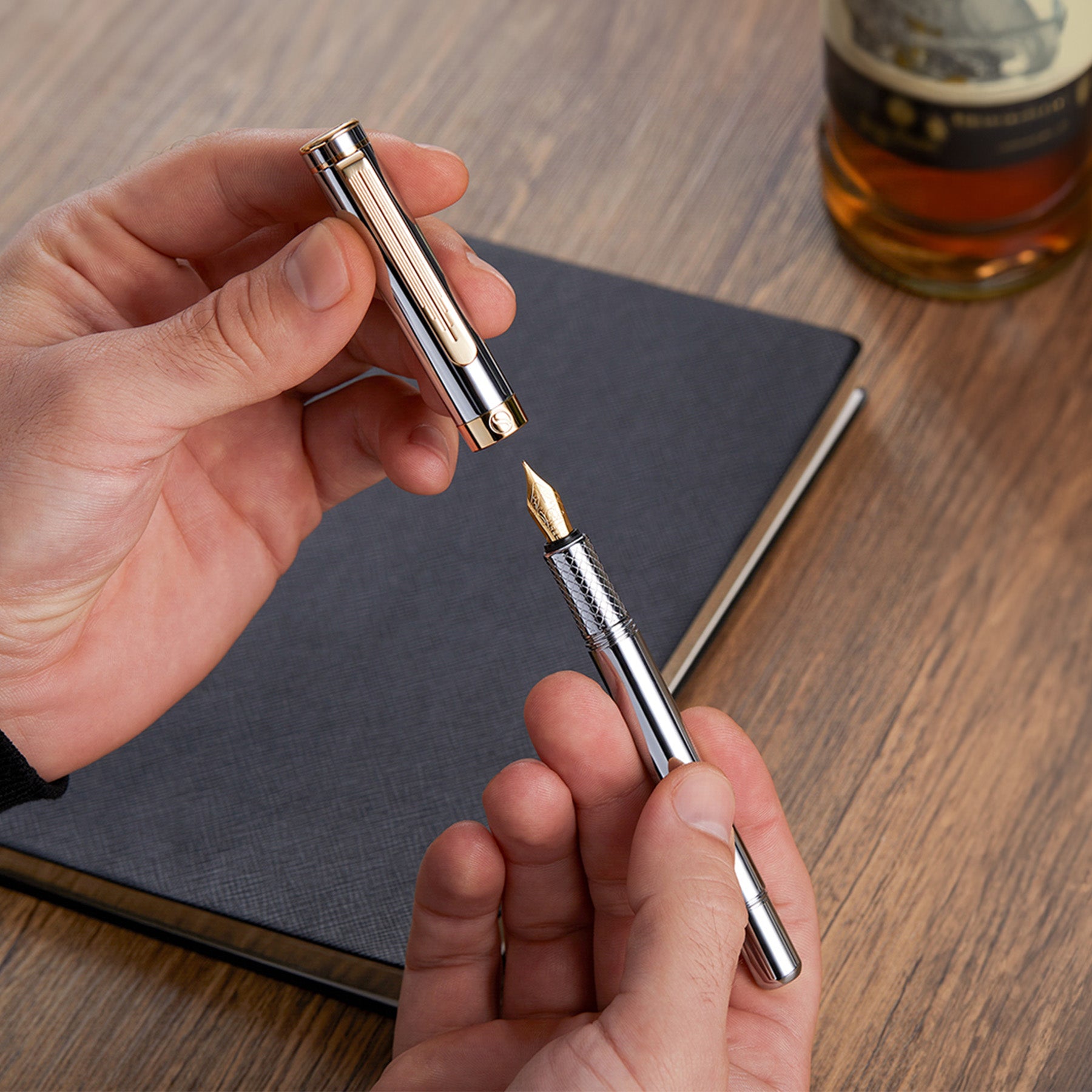 Scriveiner Pocket Pen Silver Gold Fountain Pen - Medium Nib