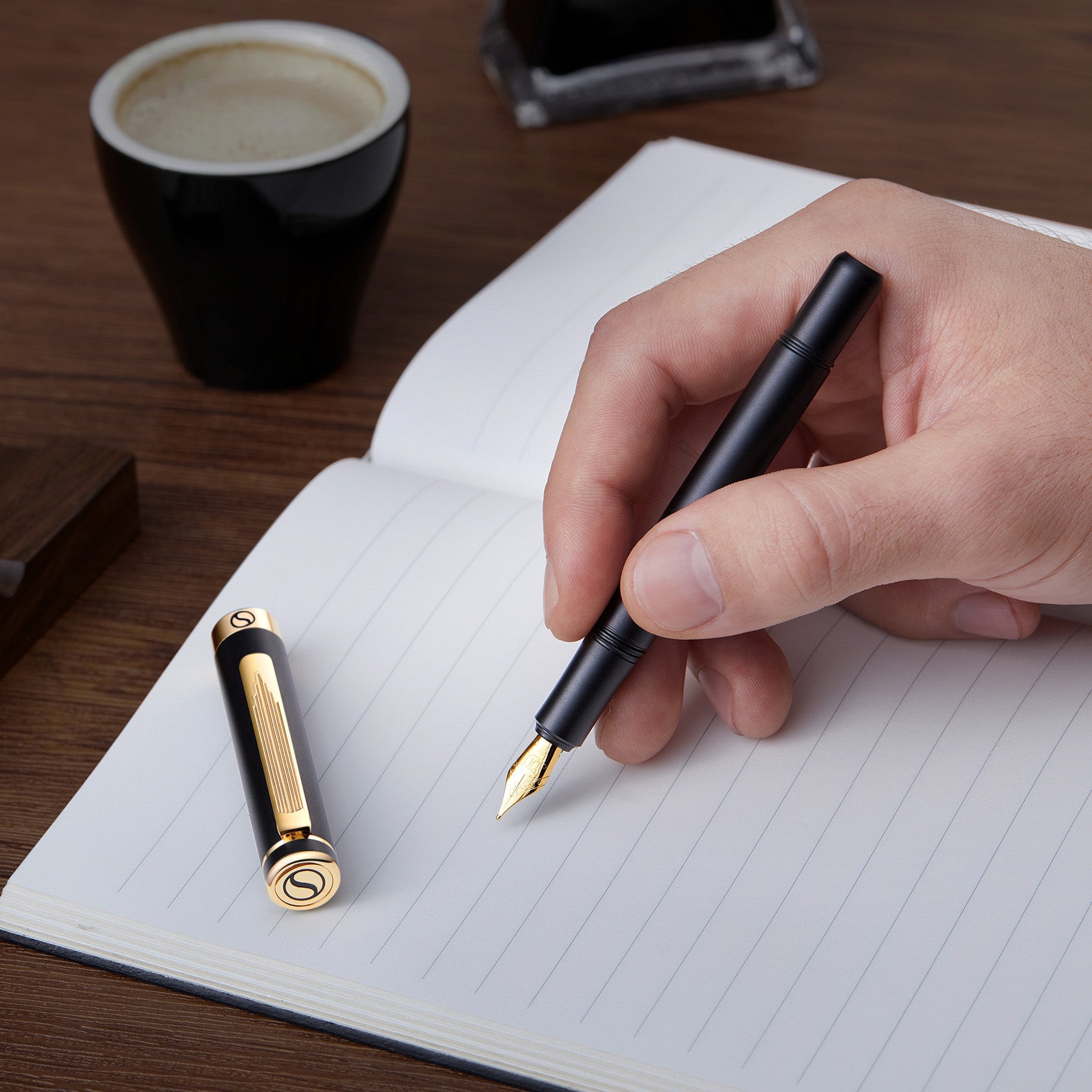 Scriveiner Pocket Pen Black Gold Fountain Pen - Medium Nib