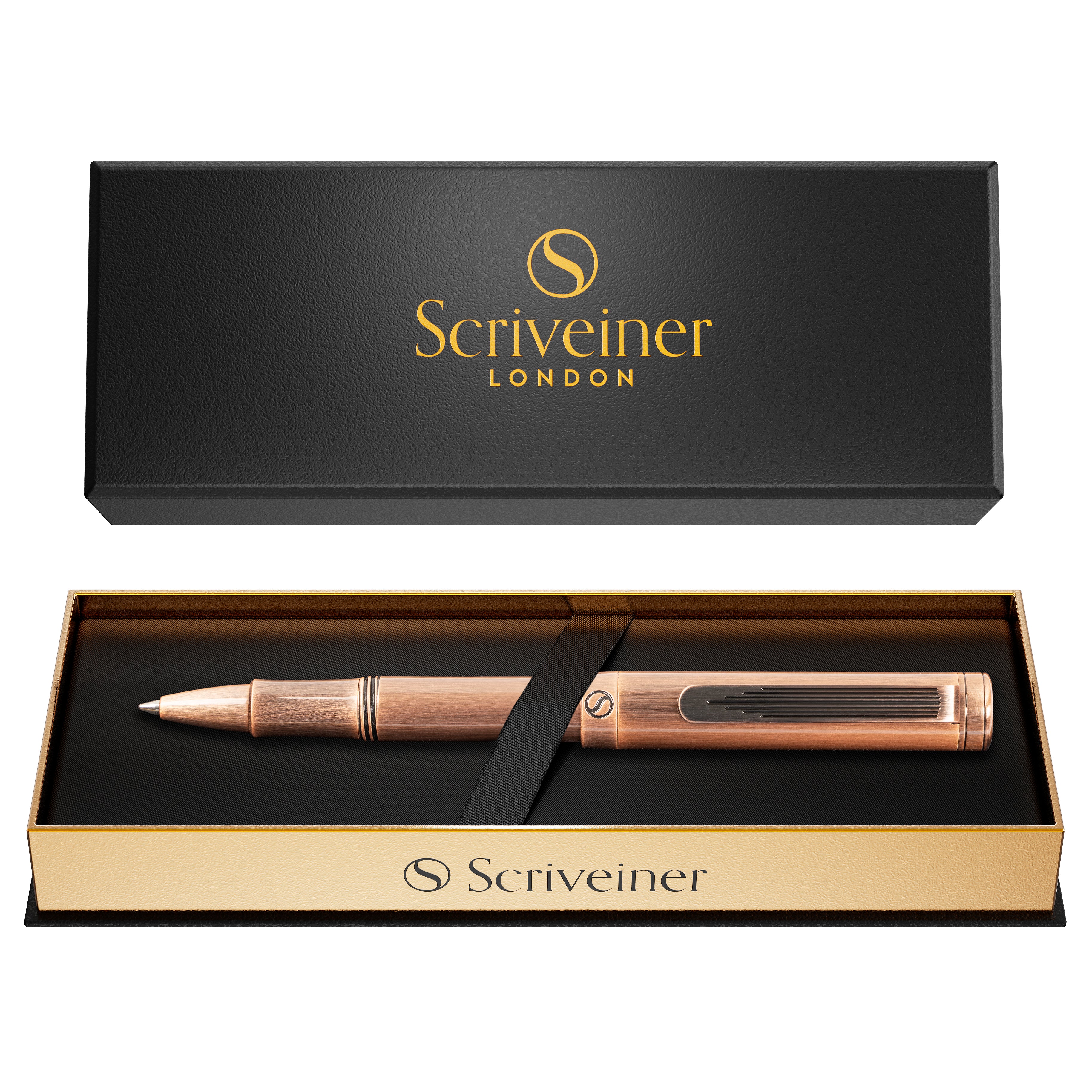Rose gold pen in a Scriveiner London box on a white background