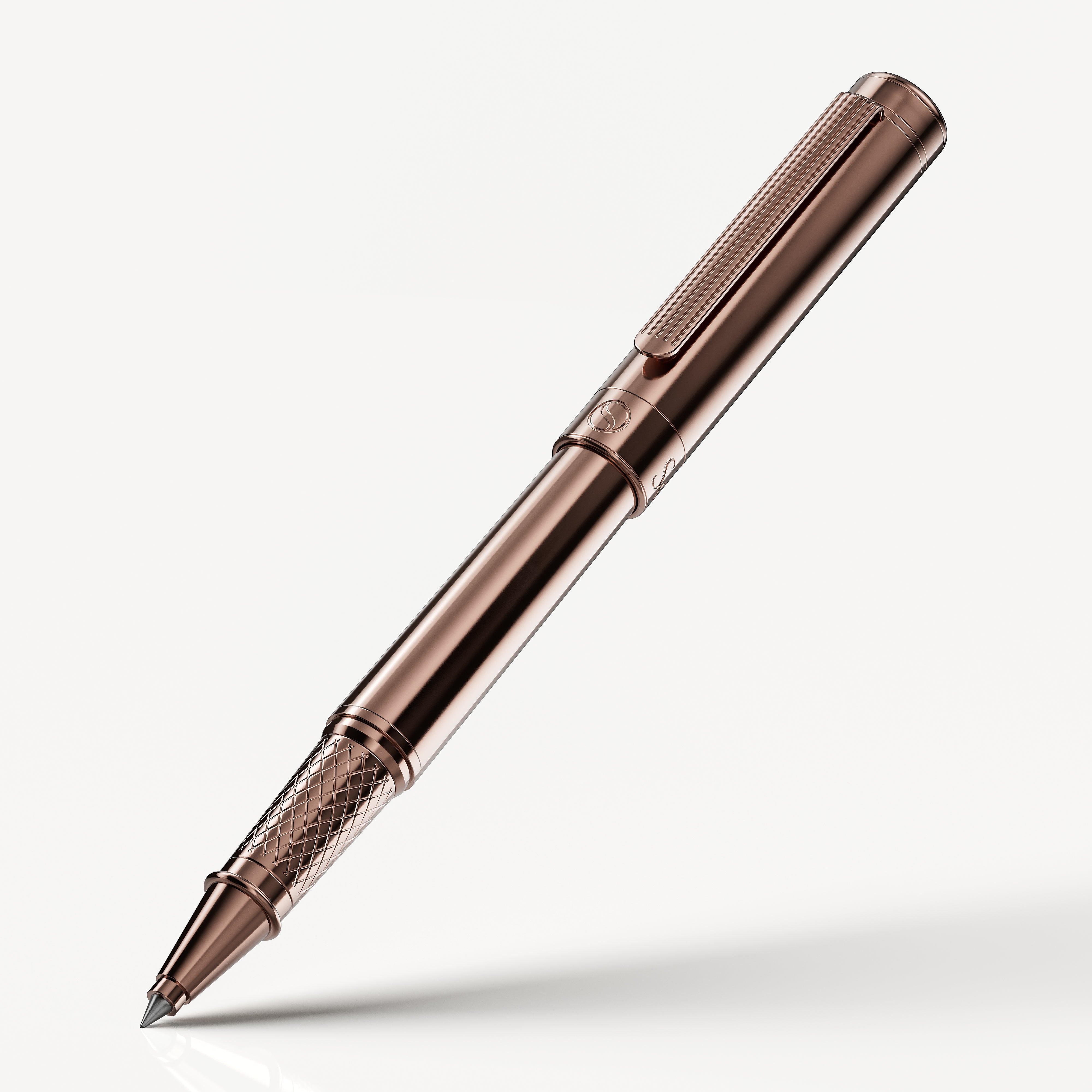 Rose gold pen on a white background